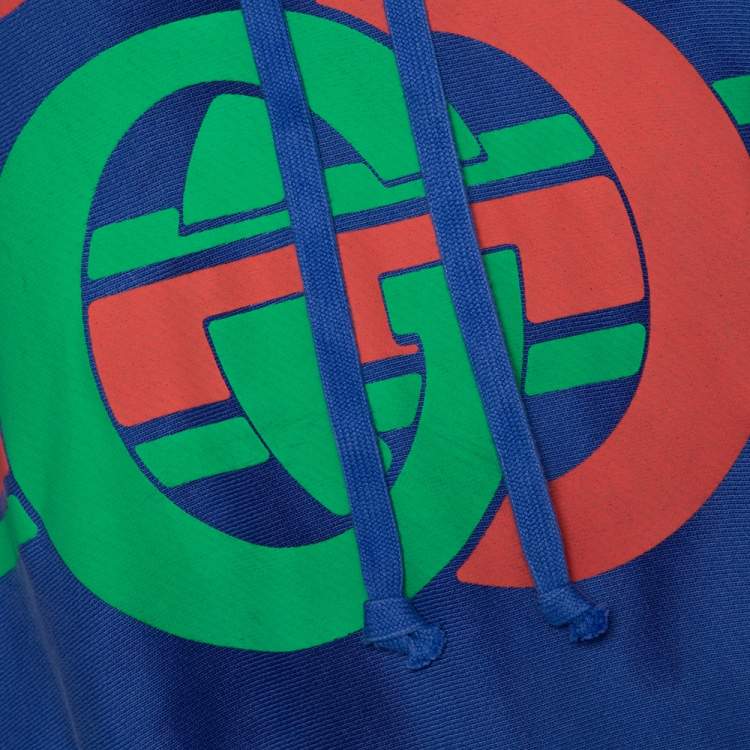 Pre Owned Gucci Blue Washed Out Effect Cotton Knit Interlocking GG Print Hoodie M