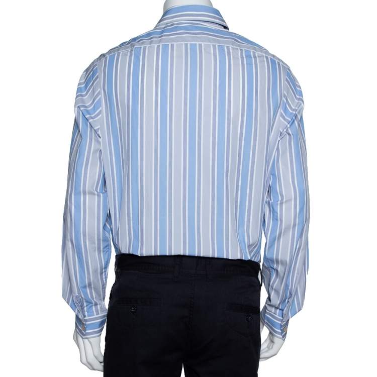 Pre Owned Gucci Blue Striped Cotton Oversized Half Placket Shirt S
