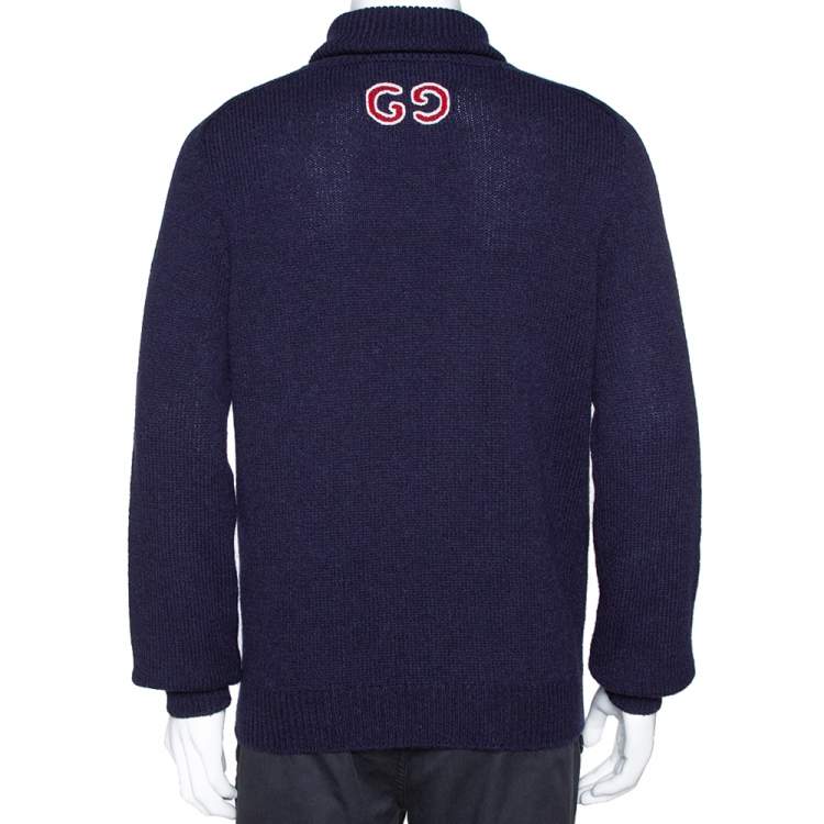 مملوكة مسبقًا Gucci Navy Blue Cashmere Wool Logo Embroidered Roll Neck Sweater M