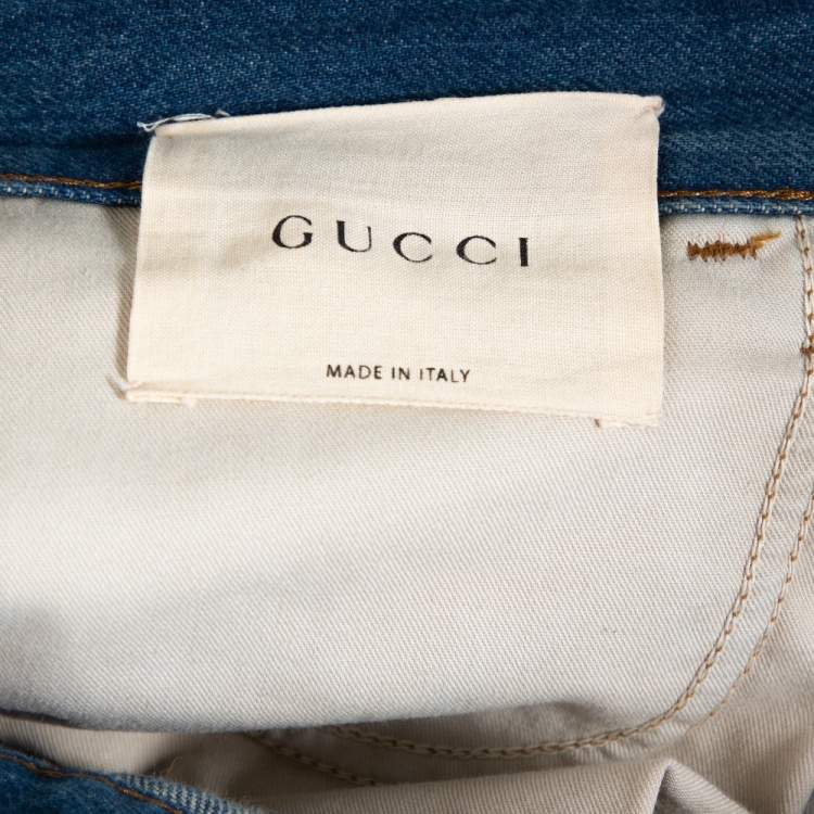 Pre Owned Gucci Blue Light Wash Denim Kingsnake Embroidered Skinny Jeans M 