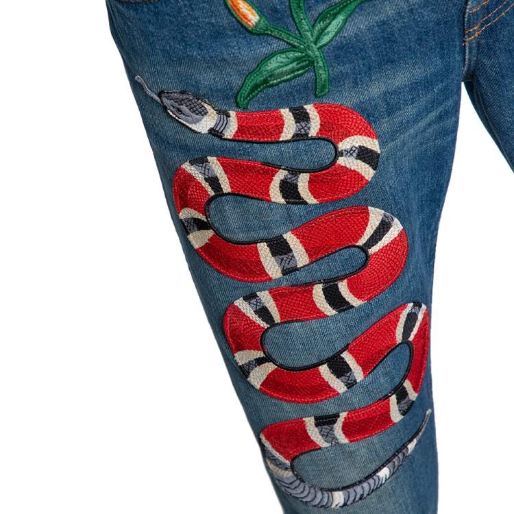 Pre Owned Gucci Blue Light Wash Denim Kingsnake Embroidered Skinny Jeans M 