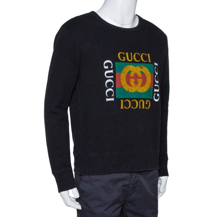 Gucci Black Vintage Logo Print Cotton Distressed Effect Sweatshirt