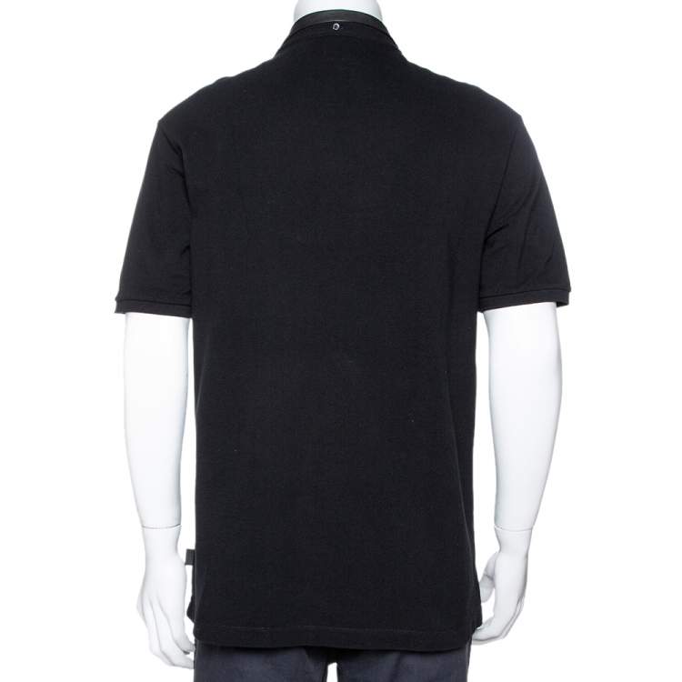 Pre Owned Gucci Black Cotton Pique Leather Collar Polo T-Shirt XXL