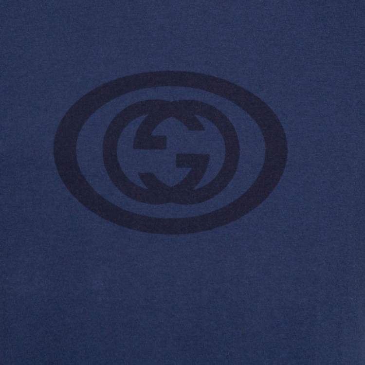 Pre Owned Gucci Navy Blue Logo Print Cotton Crew Neck T-Shirt XXL