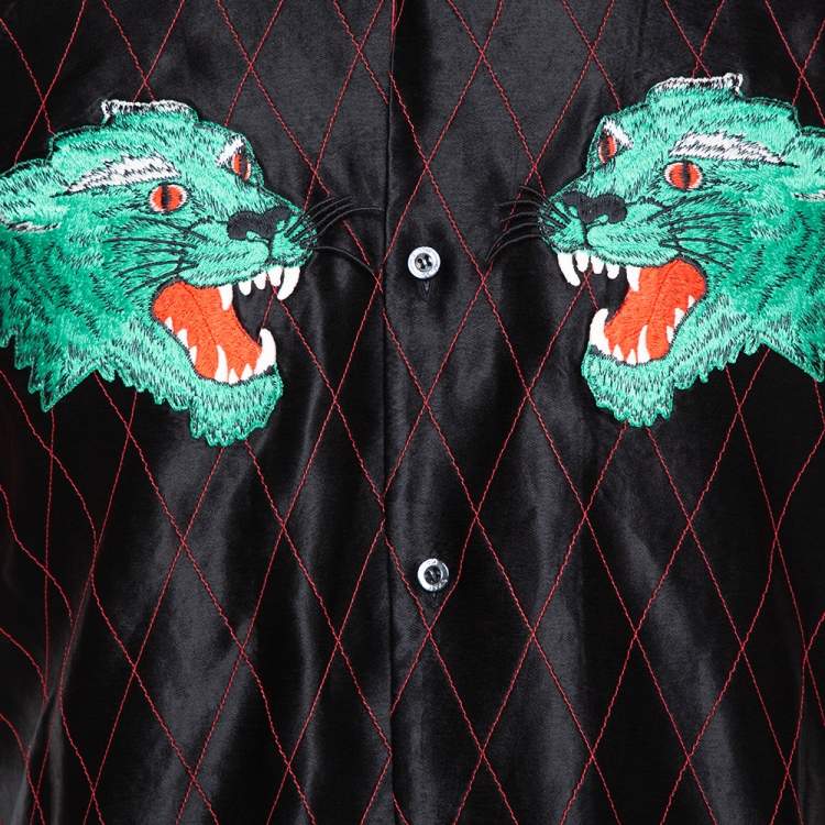 Pre Owned Gucci Black & Red Satin Panther Applique Bowling Shirt M