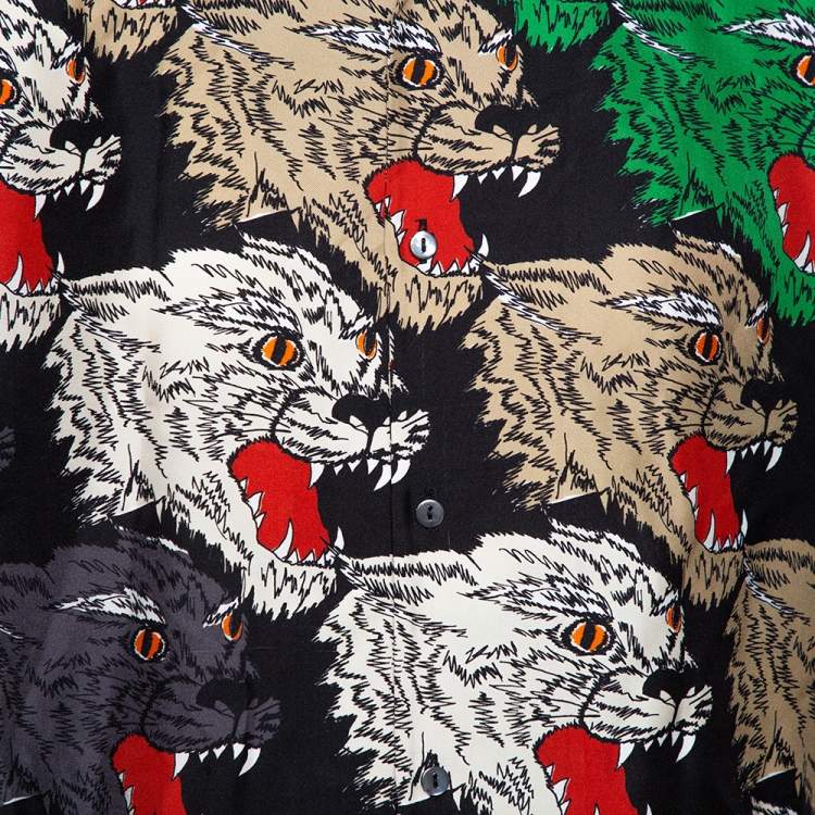 مملوكة مسبقًا Gucci Multicolor Panther Face Print Silk Bowling Shirt S
