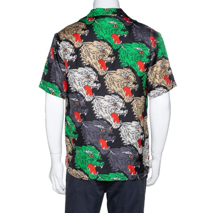 مملوكة مسبقًا Gucci Multicolor Panther Face Print Silk Bowling Shirt S