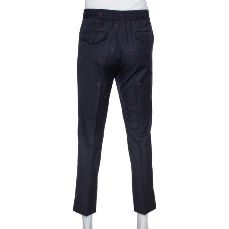 Pre Owned Gucci Navy Wool Gabardine Bees Embroidered Trousers S
