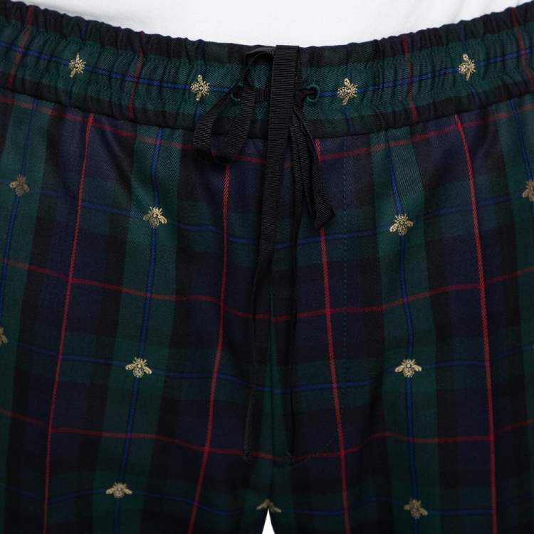 Pre Owned Gucci Green Tartan Check Wool Bee Motif Cropped Trousers S