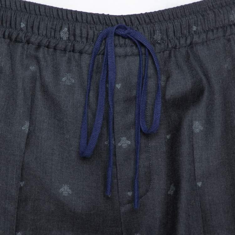 Pre Owned Gucci Grey Wool Bee & Heart Motif Drawstring Waist Trousers S