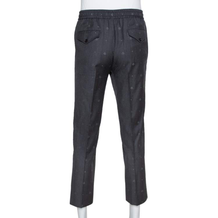 Pre Owned Gucci Grey Wool Bee & Heart Motif Drawstring Waist Trousers S