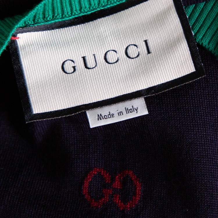 Pre Owned Gucci Navy Blue Wool Multi Motif V-Neck Jumper XL