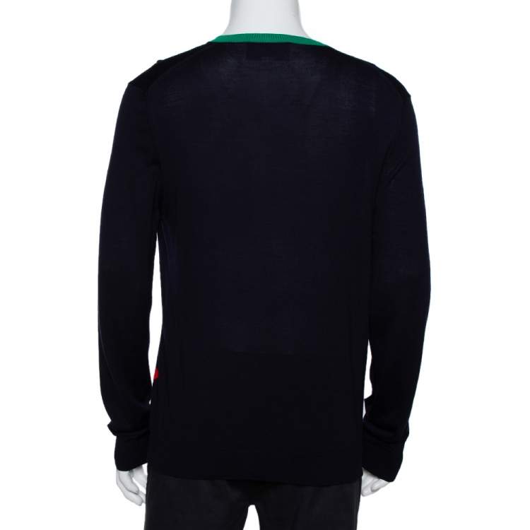 Pre Owned Gucci Navy Blue Wool Multi Motif V-Neck Jumper XL