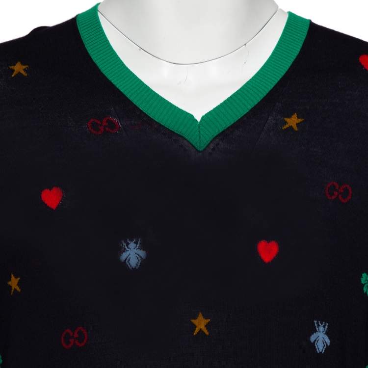 Pre Owned Gucci Navy Blue Wool Multi Motif V-Neck Jumper XL