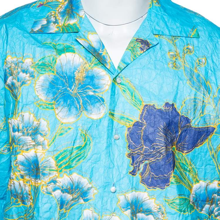 Pre Owned Gucci Blue Floral Print Paper Effect Oversized Bowling Shirt XS