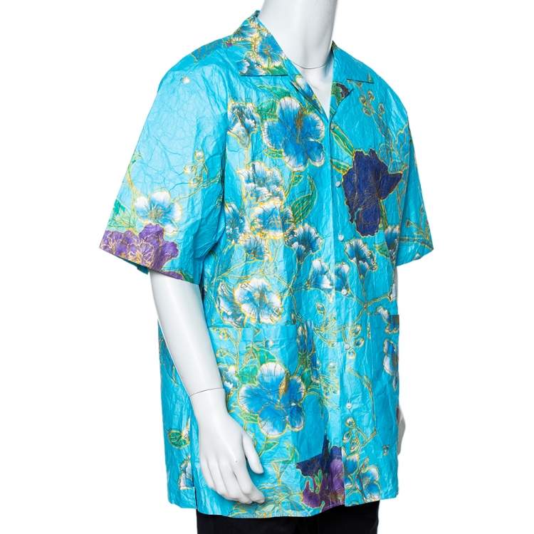 Pre Owned Gucci Blue Floral Print Paper Effect Oversized Bowling Shirt XS