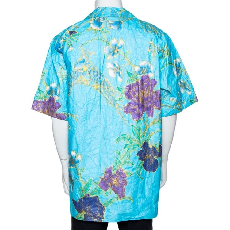 Pre Owned Gucci Blue Floral Print Paper Effect Oversized Bowling Shirt XS