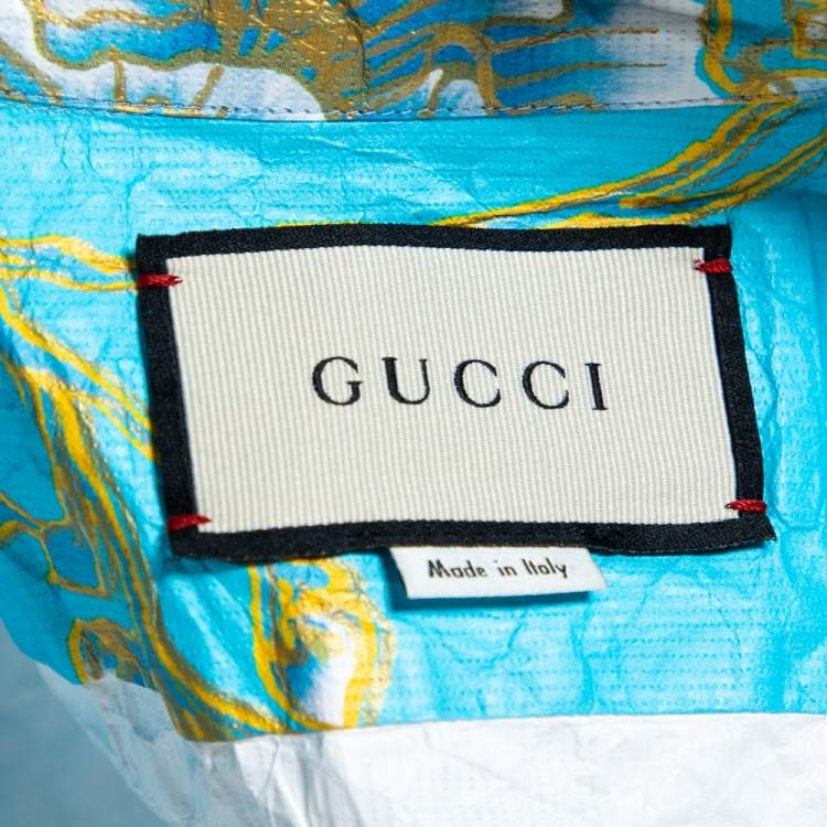 Pre Owned Gucci Blue Floral Print Paper Effect Oversized Bowling Shirt XS