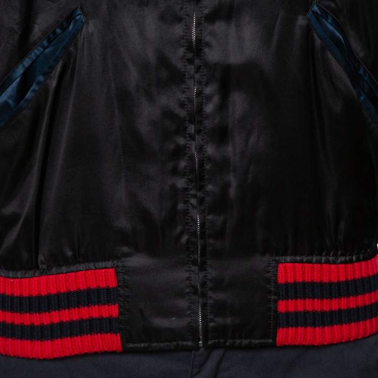 Pre Owned Gucci Black Satin Eagle Embroidered Bomber Jacket L