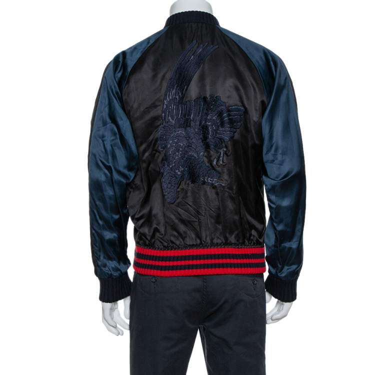 Pre Owned Gucci Black Satin Eagle Embroidered Bomber Jacket L