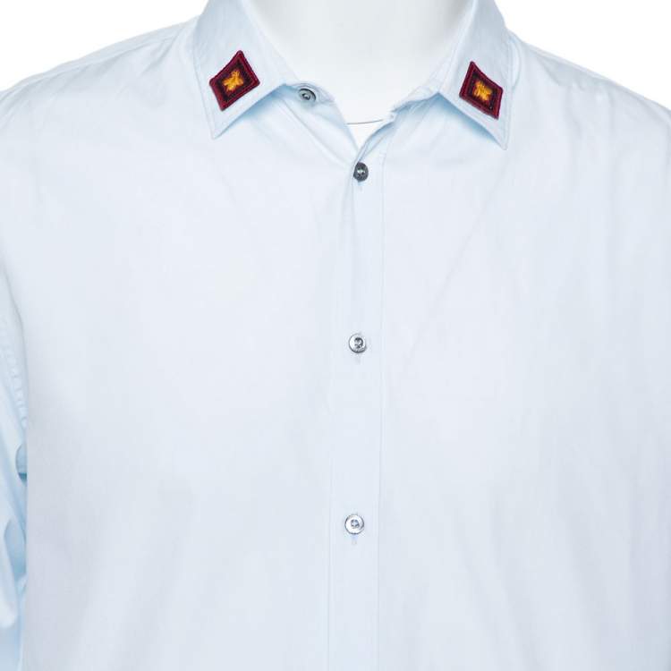 Pre Owned Gucci Light Blue Cotton Bee Appliqued Collar Slim Fit Shirt XL