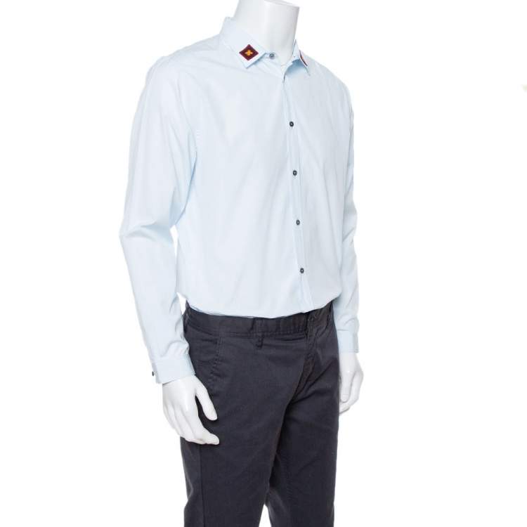 Pre Owned Gucci Light Blue Cotton Bee Appliqued Collar Slim Fit Shirt XL