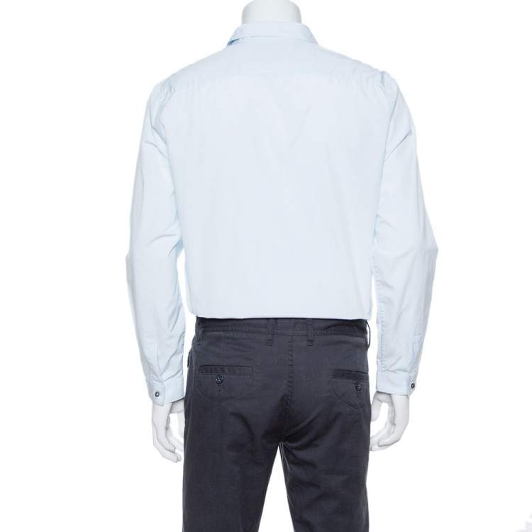 Pre Owned Gucci Light Blue Cotton Bee Appliqued Collar Slim Fit Shirt XL