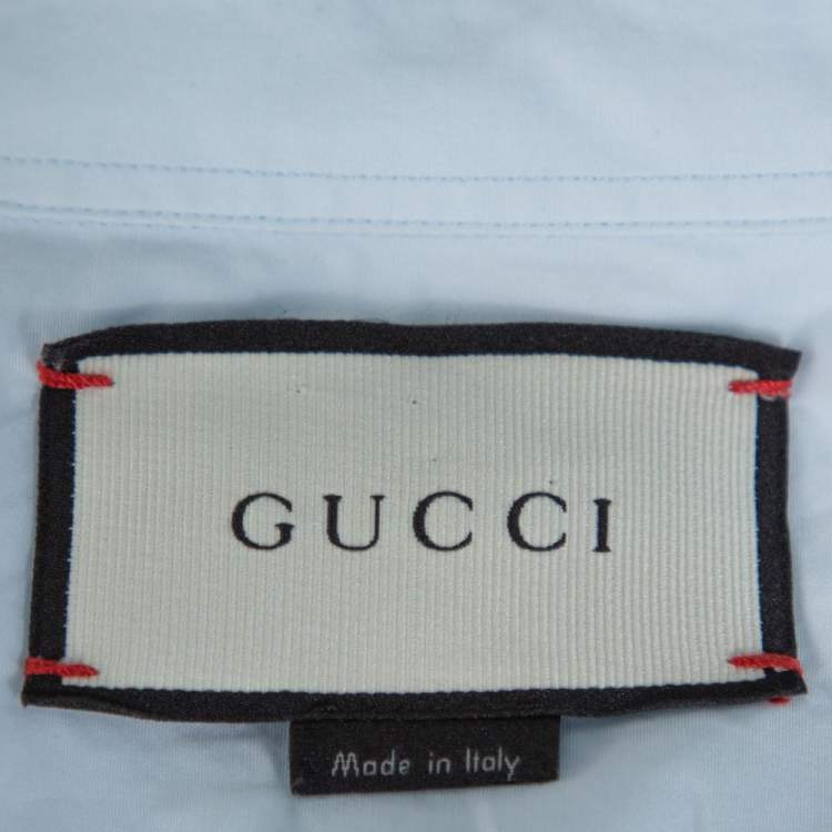 Pre Owned Gucci Light Blue Cotton Bee Appliqued Collar Slim Fit Shirt XL