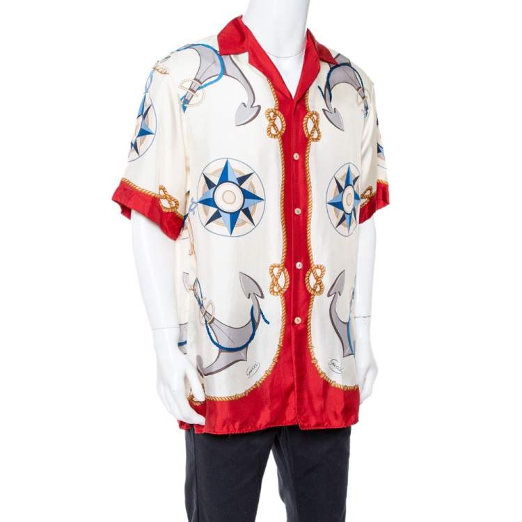 مملوكة مسبقًا Gucci Cream Nautical Print Silk Oversized Bowling Shirt M