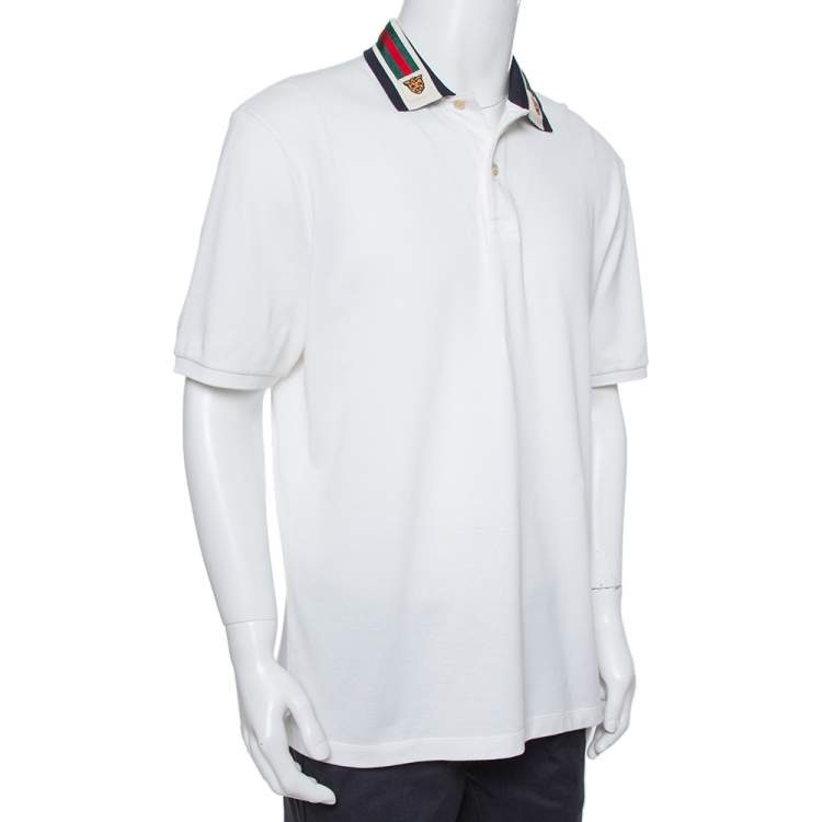Gucci White Cotton Pique Tiger Web Collar Polo T-Shirt XXL Gucci