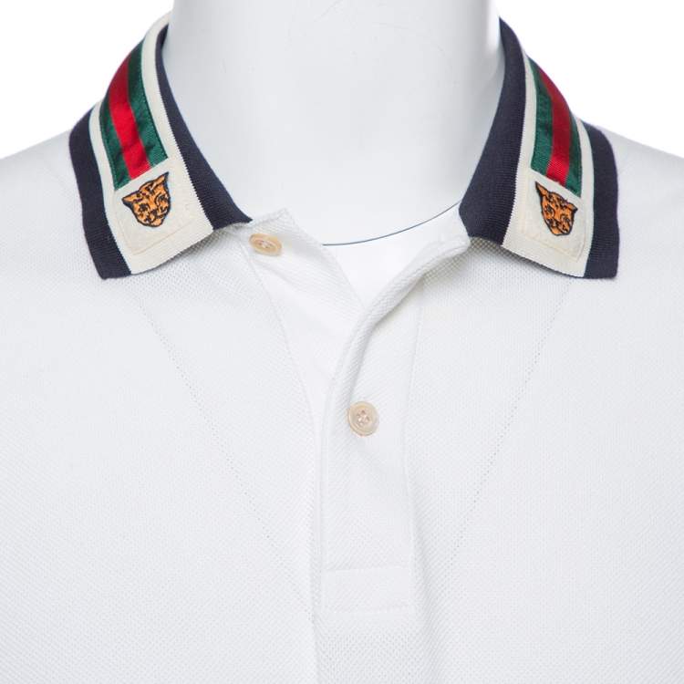 Pre Owned Gucci White Cotton Pique Tiger Web Collar Polo T-Shirt XXL