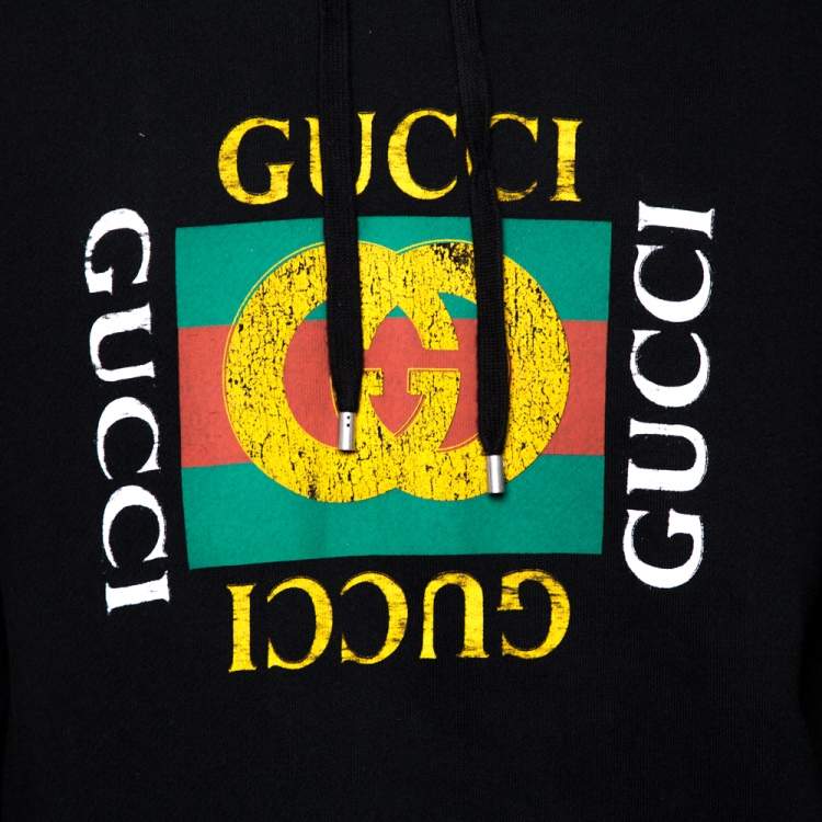 Pre Owned Gucci Black Cotton Rib Knit Logo Print Hoodie Sweatshirt M