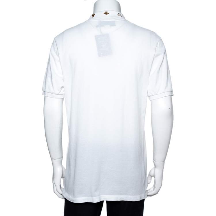 Pre Owned Gucci White Cotton Honeycomb Knit Embroidered Collar Polo T-Shirt XXXL