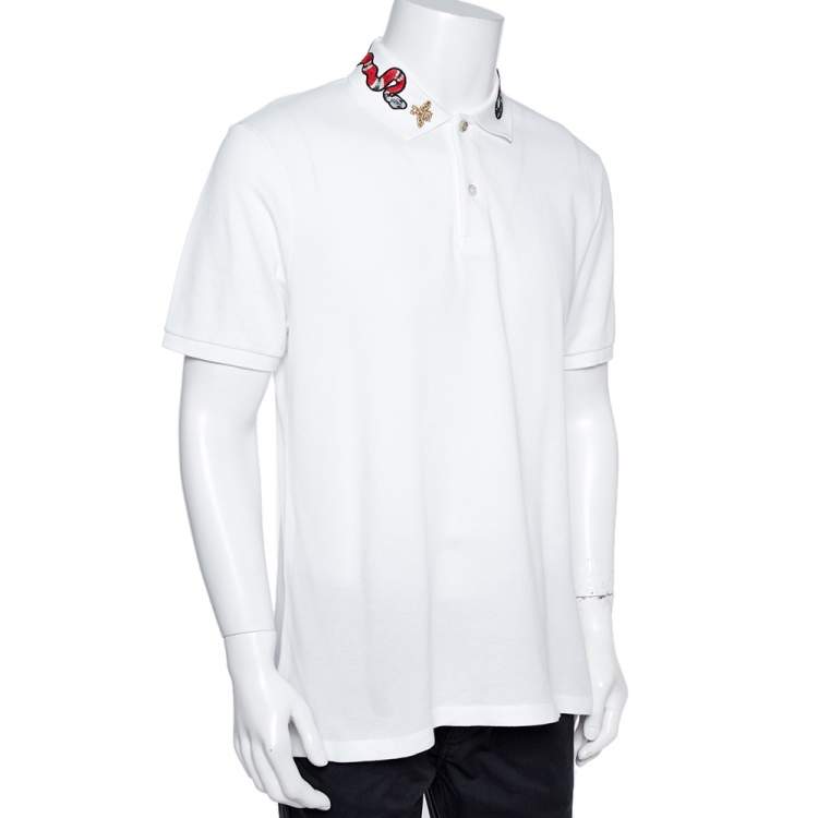Gucci White Cotton Pique Snake Embroidered Collar Polo T-Shirt XXXL Gucci |  TLC
