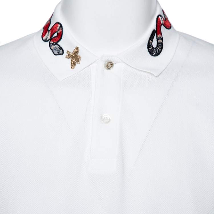 Pre Owned Gucci White Cotton Pique Snake Embroidered Collar Polo T-Shirt XXXL