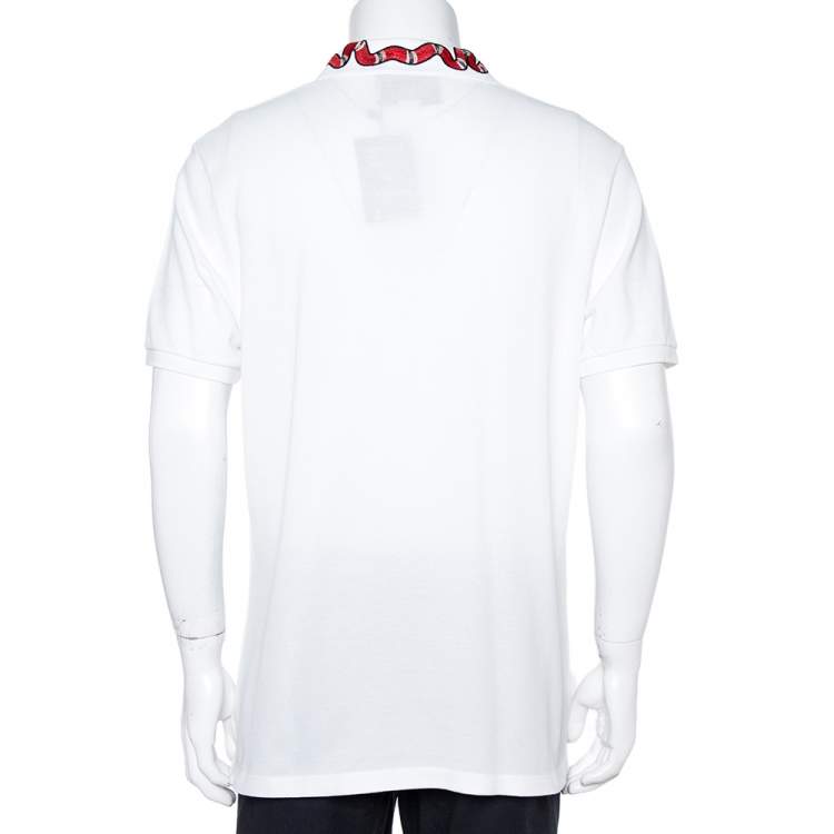 Pre Owned Gucci White Cotton Pique Snake Embroidered Collar Polo T-Shirt XXXL