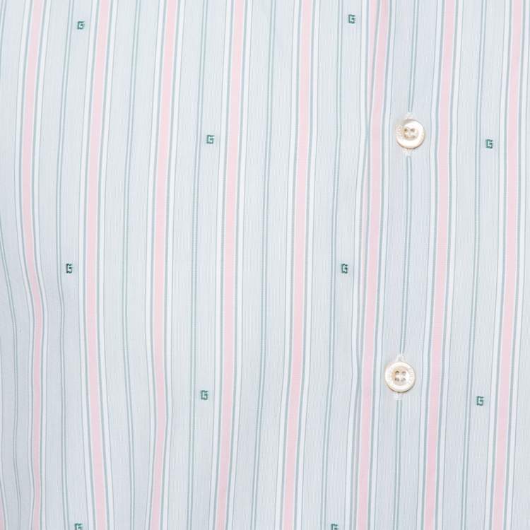 Pre Owned Gucci Pale Green Striped Cotton G Detail Short Sleeve Shirt M