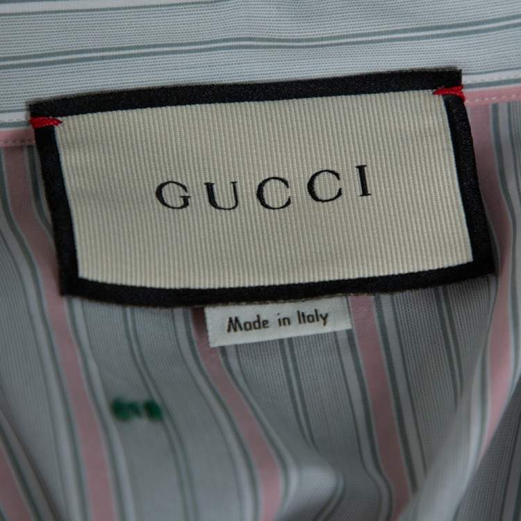Pre Owned Gucci Pale Green Striped Cotton G Detail Short Sleeve Shirt M