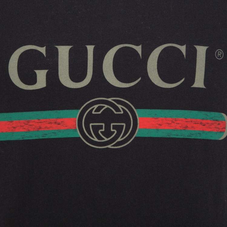 Pre Owned Gucci Black Logo Printed Cotton Distressed Crewneck T Shirt S