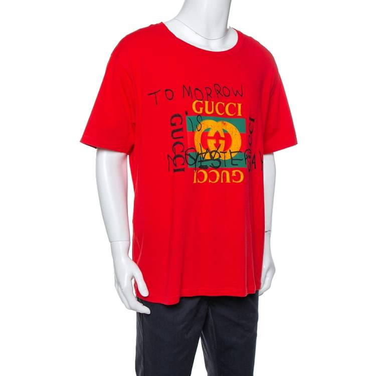 Red Cotton Tomorrow Now Yesterday Printed Crewneck T Shirt 3XL Gucci | TLC