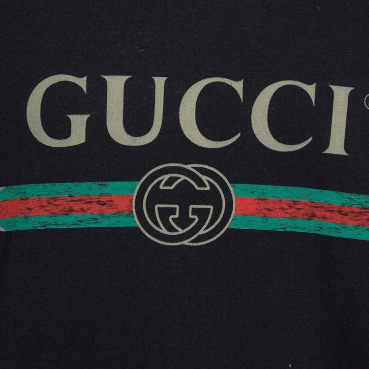 مملوكة مسبقًا Gucci Black Cotton Washed Out Effect Logo Printed Crewneck T Shirt L