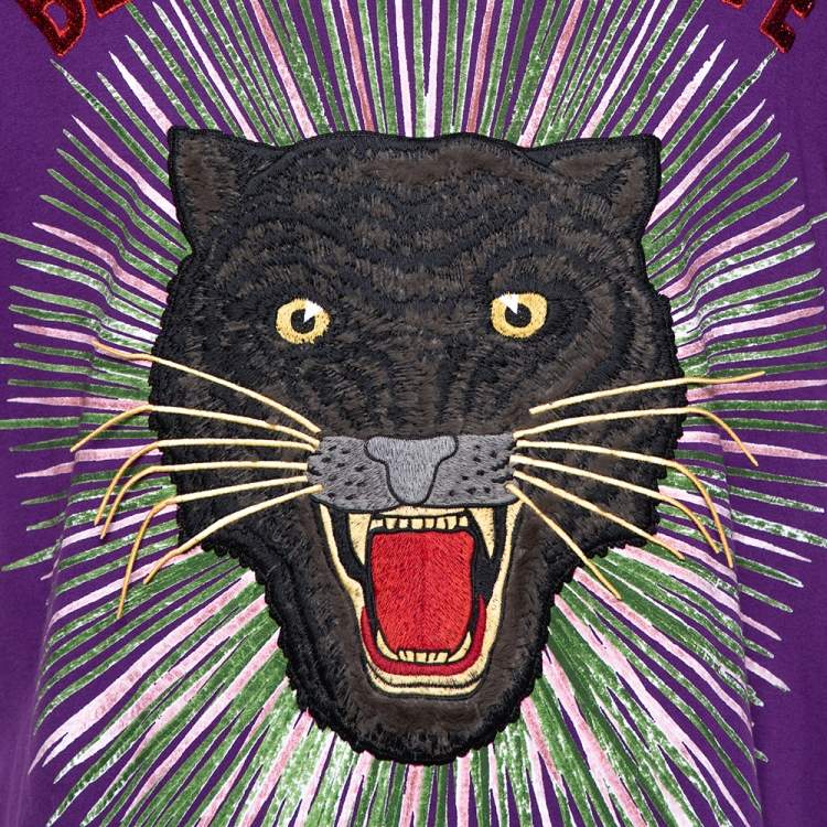 مملوكة مسبقًا Gucci Purple Cotton Sequin Embellished Tiger Applique Blind For Love T Shirt L
