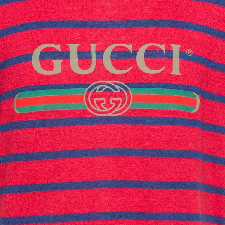 Pre Owned Gucci Red & Blue Striped Linen Knit Logo Printed Oversized T Shirt S