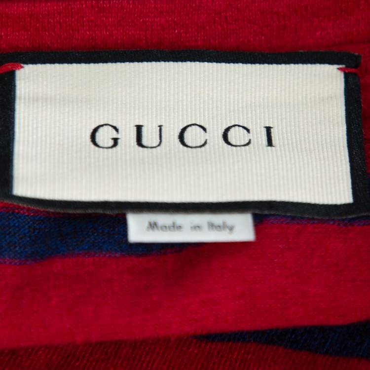 Pre Owned Gucci Red & Blue Striped Linen Knit Logo Printed Oversized T Shirt S