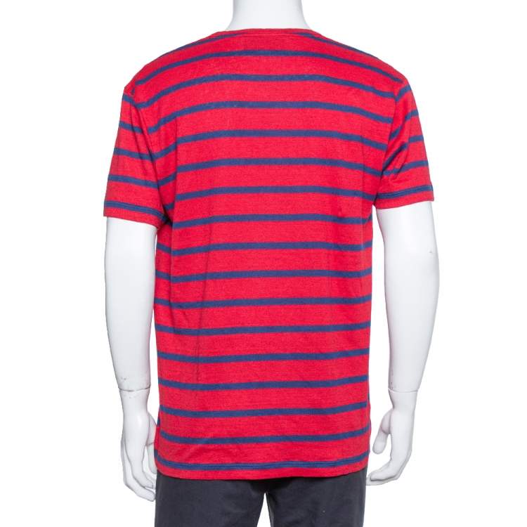 Pre Owned Gucci Red & Blue Striped Linen Knit Logo Printed Oversized T Shirt S