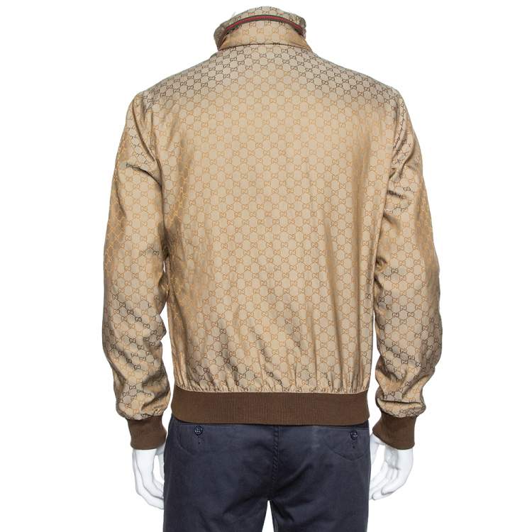 Pre Owned Gucci Brown Synthetic Logo Monogram Web Print Bomber Jacket M