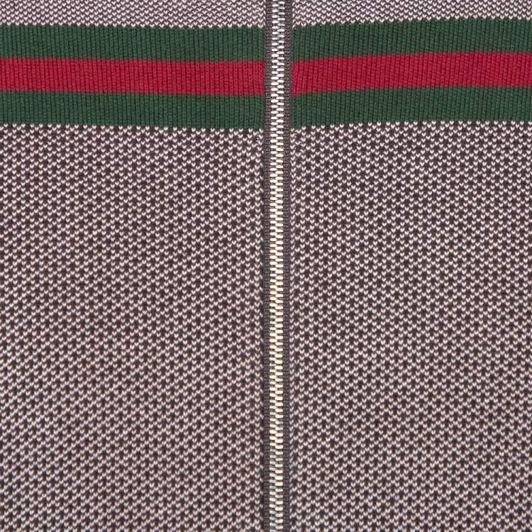 Pre Owned Gucci Brown Web Stripe Intarsia Knit Zipper Front Sweater M