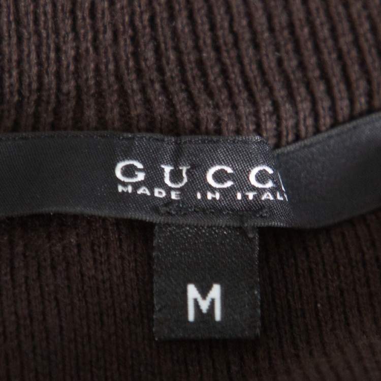 Pre Owned Gucci Brown Web Stripe Intarsia Knit Zipper Front Sweater M