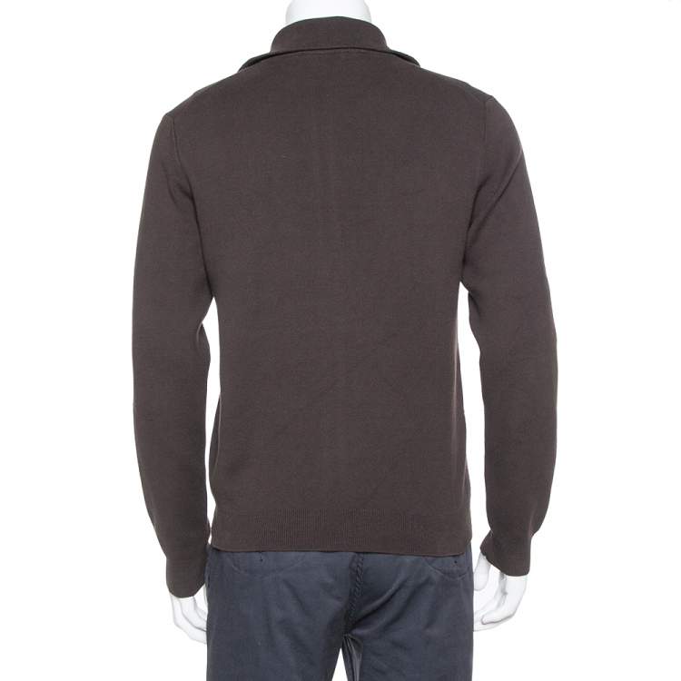 Pre Owned Gucci Brown Web Stripe Intarsia Knit Zipper Front Sweater M