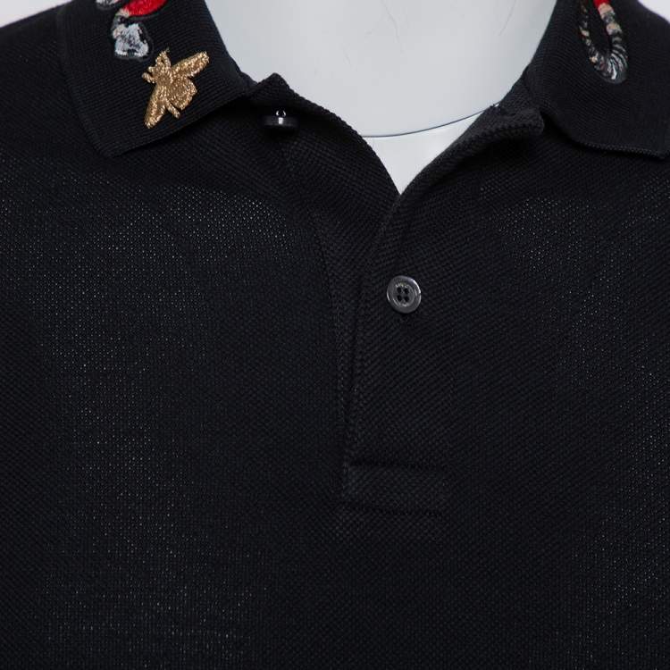 Pre Owned Gucci Black Cotton Pique Snake Embroidered Detail Polo T-Shirt S